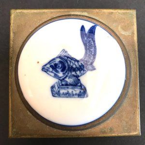 Vintage Asian Brass Trinket Box with Porcelain Fish Top